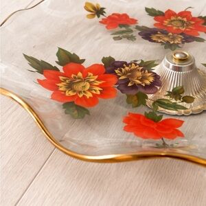 Glass Serving Platter with Gold Rim and Floral Decals